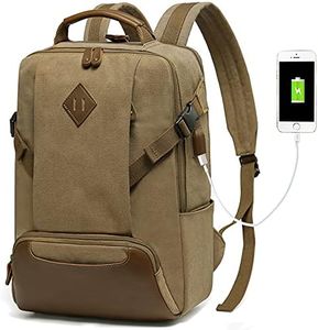 Kasqo Laptop Backpack 15.6 Inch Canvas Waterproof Anti Theft Business Travel College School Computer Bookbag Carry on Bag with USB Charging Port for Women Men, Khaki