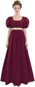 HEQU Regency Dresses for Women with Satin Sash Ruffle Empire Waist Dress Gown (M, Dark Red)