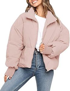 MEROKEETY Women's 2024 Winter Long Sleeve Zip Puffer Jacket Baggy Short Down Coats, Pink, S