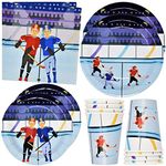 Hockey Sport Party Supplies Tableware Set 24 9" Plates 24 7" Plate 24 9 Oz. Cups 50 Lunch Napkins for Birthday Game Day Sports Theme Ice Skate Rink Goalie Puck Decorations Disposable Paper Dinnerware