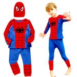 PoLamzog 3PCS Spider Costume Kids, Costume Jumpsuit with Spider Web Shooter and Spider Glove for Fancy Dress Halloween Costume Suit (3-4 Years)