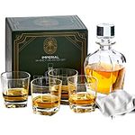 Imperial Whiskey Decanter Set - Regal Trunk Whiskey Glass Set of 4 with Crystal Glass Decanter - Stylish Lead-Free Bourbon Scotch Liquor Dispenser and 4 Rocks Glasses - Glass Polishing Cloth