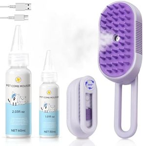 Steam Brush for Cat & Dog – 3-in-1 Spritz Pet Spray Hair Removal Comb for Grooming & Shedding Steam – Water Brush for Long & Short Haired Pets– Includes Two Bottles Waterless Shampoo