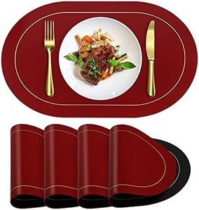 ANUNU Faux Leather Placemats Set of 4 - Double-Sided Color Oval Design Dining Table Mats Waterproof Washable Heat Resistant Indoor Outdoor Home Decor Kitchen Table Placemats Wine Red + Black