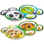 Zoo Friends Mealtime Feeding Plates - Set of 4 Different Cute Animal Dishes for Kids - Panda, Alligator, Tiger & Monkey - Divided Compartments, Melamine, BPA Free, Dishwasher Safe