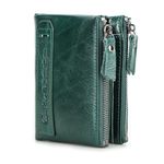 Contacts Soft Leather Wallet for Women and Men Small Bifold Coin Purse Double Zipper Card Holder RFID Blocking (Dark Green), Dark Green, Classic