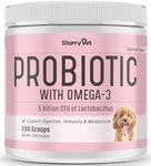 StarryVet Probiotics for Dogs - 5 Billion CFU's, Digestive Enzymes, Prebiotics - Dog Allergies, Diarrhea, Bad Dog Breath, Constipation, Gas, Yeast, Hot Spots - Powder - Made in Canada -100 Grams