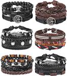 MILACOLATO 22-32 Pcs Braided Leather Bracelet for Men Women Woven Wrist Cuff Bracelets Hemp Cords Wood Beads Ethnic Tribal Handmade Wrap Adjustable, 7.6 Inch, Leather Wood