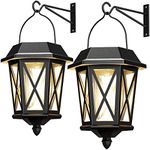 Solar Lantern Outdoor Hanging Solar Lights, Waterproof Metal Solar Lights Outdoor with Clear Glass, LED Solar Powered Lights Wall Mount for Yard Garden Wall Outdoor, Black - 2 Pack