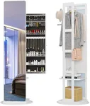 LVSOMT 360° Swivel Jewelry Armoire, Rotatable Full Length Mirror with Jewelry Storage, Standing Jewelry Cabinet with Coat Rack, White, Soild Wood