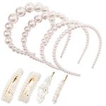 4 Pack Pearl Headbands for Women Girls,YuCool Elegant White Pearl Bling Barrette Style Tools Accessories with 4 Pack Pearl Hair Clips for Wedding Birthday Party Valentines Day Gifts