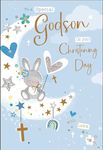 Godson Christening Congratulations Card - Special Godson - Rabbit and Stars - Special Finishes and Illustrated Insert Leaf - Made in the UK