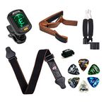 Meeland Guitar Accessories Kit, Clip On Guitar Tuner, Guitar Capo（Rosewood Colour）, Guitar String Winder Cutter Pin Puller 3 in 1 tool, Guitar Strap, 6 Guitar Picks(6 Thickness） (Brown+Strap)