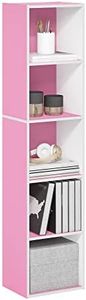 Furinno PASIR Book Shelf, 5-Tier Modern Bookshelf, Open Shelves Bookcase 9 x 12 x 52, Easy Assembly, for Living Room, Bedroom, Home Office, Pink/White