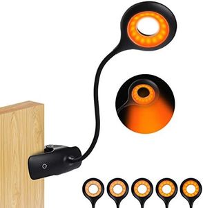 Clip-on Reading Light for Bed - Amber Book Light at Night Rechargeable 5 Brightness Desk Light Clamp Lamp, Touch Control Dimmable Lamp with Flexible Neck, Gentle Night Light (Black)