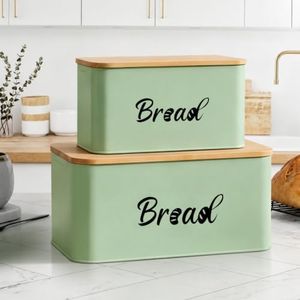 Metal Bread Box Set of 2 with Bamboo Lid, Modern Bread Storage Containers with Air Vents, Bamboo Cutting Board Lid, Farmhouse Kitchen Decor Organizer for Countertop, 2-Size (Large & Small)Sage Green
