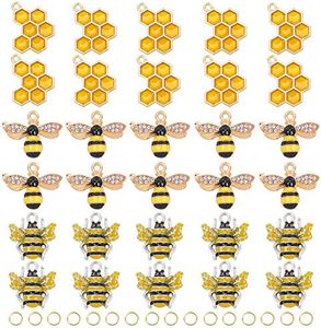 PH PandaHall 30pcs 3 Styles Breloques d'abeilles, Pendentifs Abeilles Animaux Breloques en Nid d'abeille en émail avec Anneaux de Saut de 5 g pour Collier Bracelet Artisanat Fabrication de Bijoux
