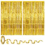 AOT Fringe Foil Curtain, Gold Foil Fringe Curtain Set with 2 Pcs Metallic Tinsel Curtains & Shiney Ribbon, 3.3 * 6.5 ft Streamer Curtain Backdrop for Valentine's Day Birthday Engagement Bachelor Party