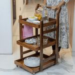 WOODTRENDZ Solid Wood Rolling Utility Trolley With Wheels: 3-Level Storage - Multi-Purpose 3-Tier Serving Cart, Utility Cart, And Kitchen Storage Wheels - Ideal For Home, Office, And Kitchen Use