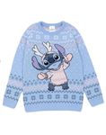 Disney Lilo & Stitch Kids Christmas Jumper in Blue | Warm Graphic Knitted Sweater for Children | Festive Holiday Long Sleeve Knitwear Top | Pullover Knit Unique Movie Merchandise Gift for Her