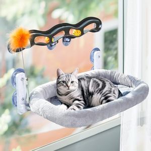 Odoland Cat Window Perch Hammock with Adsorption Tunnel Balls Toy - Large Cats Bed with Metal Frame & Suction Cups - Machine Washable Kitten Bed Front and Back Installation for Summer and Winter