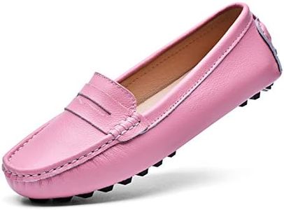 BEAUSEEN Women's Penny Loafers Leather Driving Moccasins Comfort Boat Shoes, Pink Color, 10 US