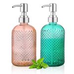 Kyraton Glass Soap Dispenser, 350 ml Thick Clear Soap Dispenser 2 Pieces with Stainless Steel Pump, Refillable Bathroom Kitchen Soap Dispenser with for Hand Soap, Essential Oil, Lotion (Blue & Orange)