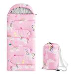 Wake In Cloud - Kids Sleeping Bag for Toddlers, Camping in Warm Cold Weather, Backpacking Lightweight Compact Outdoor Liner, for Girls, Rainbow Unicorns on Pink