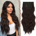 FESHFEN Clip in Hair Extensions 4PCS Dark Brown Thick Hair Piece Long Wavy Clip in Extensions Full Head Synthetic Fiber Hairpieces for Women, 20 Inch 180g