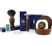 4 Pcs Wooden Men's Shaving Set with Double Edge Safety Razor, Black Badger Hair Brush, Soap & Wooden Bowl. Perfect Kit as a Gift.