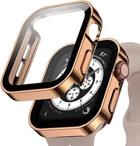 GEITOO Waterproof Case for Apple Watch Series 9 8 7 41mm, Straight Edge Hard PC Cover with Tempered Glass Screen Protector, Protective Bumper for iWatch Case 41mm, Rose Gold