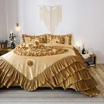 Tache Satin Ruffle Floral Luxurious Honey Gold Caramel Latte Victorian Royal 6pc Comforter Bedding Set, California King