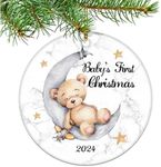 Baby's First Christmas 2024 Boy Bear on The Moon Baby Ornament Christmas Wedding Decoration Baby Ornament Newlywed 2024 (Yellow and White Baby Bear)