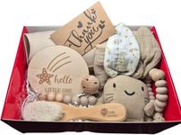 Bebe Blessings Baby Gift Box, Including A Bebe Blessings Hairbrush, (Catch All) Bib, Rabbit Teddy, Soother, Pacifier Clip and A Welcome to The World Wooden Plarque-Brown