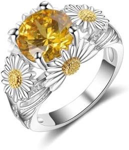 Lozeux Silver Plated Round Cut Created Citrine Cubic Zirconia Filled Engagement Wedding Proposal Promise Ring Sunflower Floral Band for Women Ladies Forever Love Jewelry Cocktail Size 8