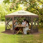 GAOMON 12x12ft Camping Gazebo, Portable Pop Up Canopy Outdoor Screen Tent 6 Sided with Mesh Windows and Carry Bag for Camping, Picnic, Backyard Party Outside Activities, Brown