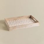 Duadecor Wood Decorative Serving Tray for Coffee Tabletop and Home Decor. Mango Wood Rectangular Leaf Pattern Carved Boho Large Ottoman Tray for Serving Breakfast. Natural White Wash
