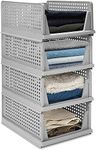 Set of 4 Stackable Foldable Wardrobe Storage Box Organizer (Easy Open and Folding), Plastic Grey Wardrobe Shelves Closet Organiser Box, Pull Out Like a Drawer, Suitable for Home, Bedroom, Kitchen