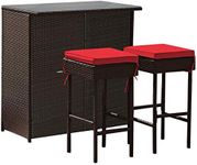 HAPPYGRILL 3-Piece Patio Bar Set Rattan Wicker Bar Stools and Table for Pool Garden Dining Set with Storage Shelves