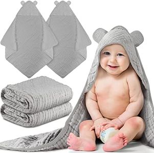 Baby Hooded Bath Towel 32 x 32 Inch Muslin Cotton Baby Towels with Cute Ears Soft Baby Towels for Newborn,Babies,Infant and Toddler,6 Layers Washcloths Infant (Gray, 2 Pcs)