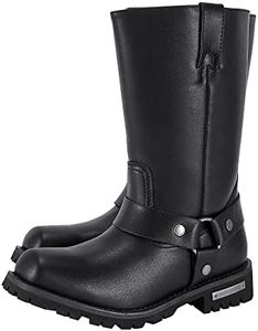 Dream Apparel Men's 12" Harness Motorcycle Boots for Riding, Square Toe Biker Boots, Knee High Boots with Full Length Side Zipper, Black PU Leather Mid Calf Boots, Black, 10.5