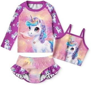 LQSZ Girls Rash Guard Sets Colorful Unicorn Long Sleeves Swimsuit 3 Pieces Tankini Bathing Suit Swimwear for Girls Beach Summer 7 8t