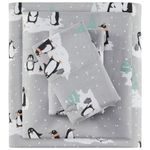 Sleep Philosophy True North Cozy Flannel Warm 100% Cotton Sheet - Novelty Print Animals Stars Cute Ultra Soft Cold Weather Bedding Set, Twin, Grey Penguins 3 Piece