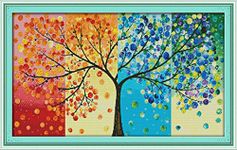 YEESAM ART Unstamped Cross Stitch Kits for Adults, 4 Four Seasons Tree of Life 14ct Counted Unprinted Embroidery Kit Needlework Wall Art Decor