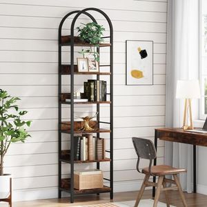 Tribesigns 6-Tier Open Bookshelf, 78.7" Tall Arched Bookcase Narrow Bookshelf with Metal Frame, Freestanding Corner Bookcase Display Shelves for Living Room, Home Office, Rustic Brown