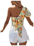 MakeMeChic Women's Floral One Shoulder Blouse Twist Front Tie Back Puff Short Sleeve Crop Tops, Yellow, X-Large