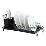 KINGBON Dish Rack Compact Dish Drying Draining Rack Plate Drainer Rack Anti-rust Dish Drying Rack with Drip Tray Compact Plate Drying Rack for Kitchen Counter Cabinet, Black