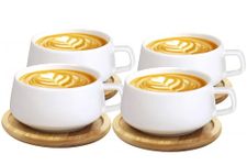 VETIN 4 Pieces Cappuccino Cups with Saucer, Marble Cup, 300 ml Porcelain Espresso Cups for Tea Coffee Cappuccino, Coffee Cups with Wooden Disc (White x 4)