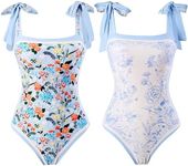 Meyeeka Tie-Shoulder Bathing Suits for Women Floral Womens One Piece Swimsuits Reversible Tummy Control Monokini Blue M, Multi-color