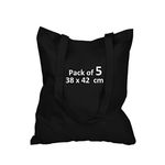 Cotton Bags for Grocery, Plain Tote Bags to Decorate, eco-friendly Canvas Tote Bags made with Premium Quality 100% Cotton Fabric Are Reusable Blank - Size 38x42cm+70cm long Handle (Pack of 5-Black)